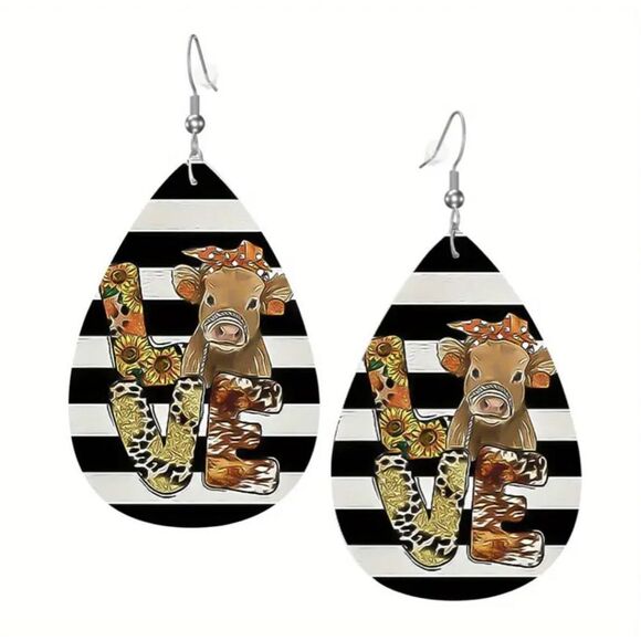 2/$10 ⭐️ 3/$12 | Faux Leather Cow LOVE Teardrop Earrings - Picture 1 of 7